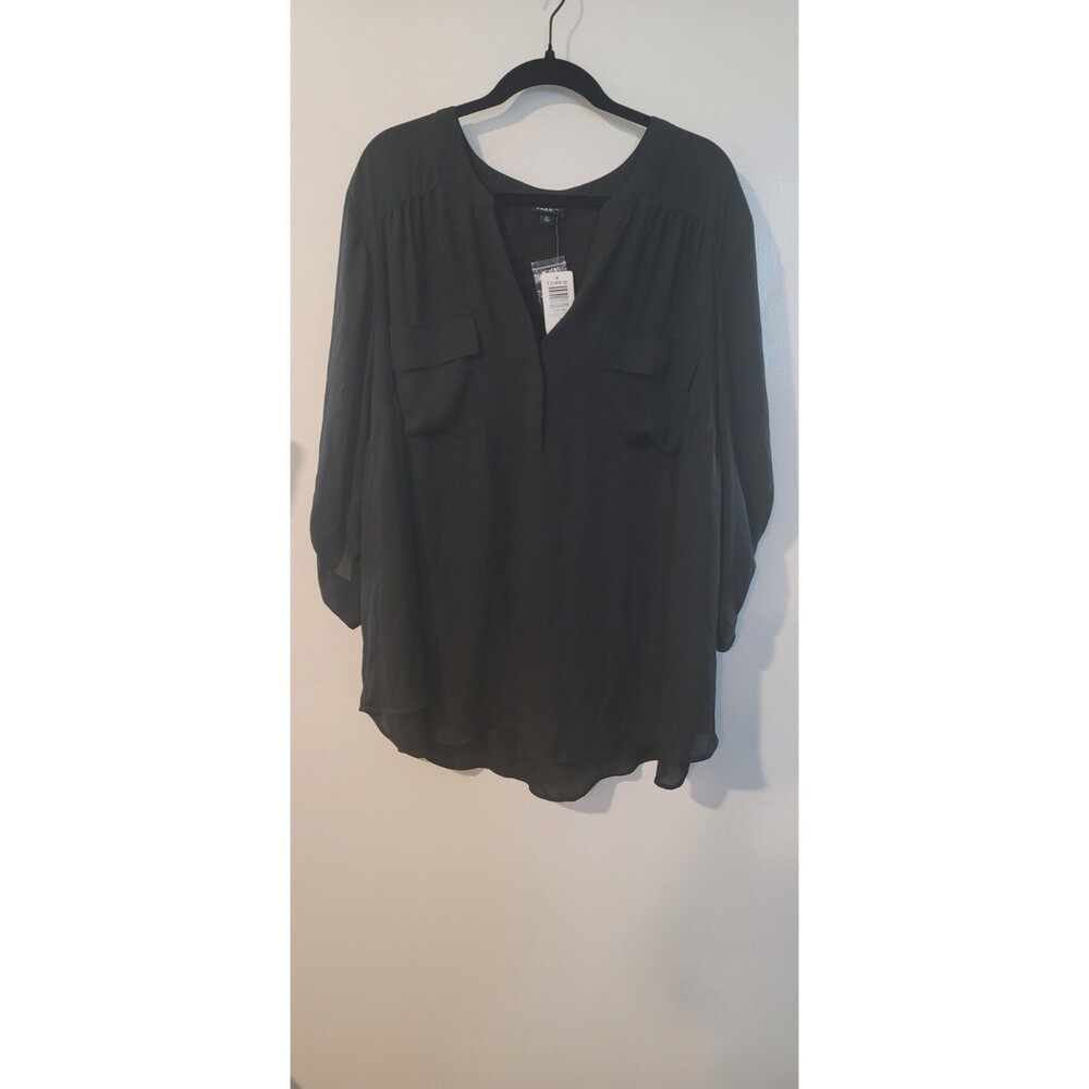 Torrid Harper Blouse Sz 5X (28) Black Long Sleeve Georgette Button Tab Roll Top